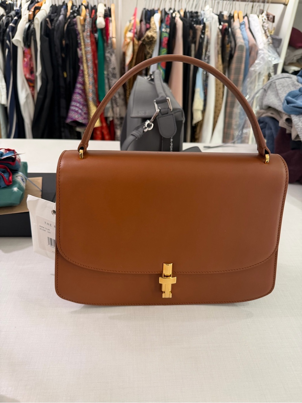 The Row Cognac Smooth Leather Top-Handle Mini Bag